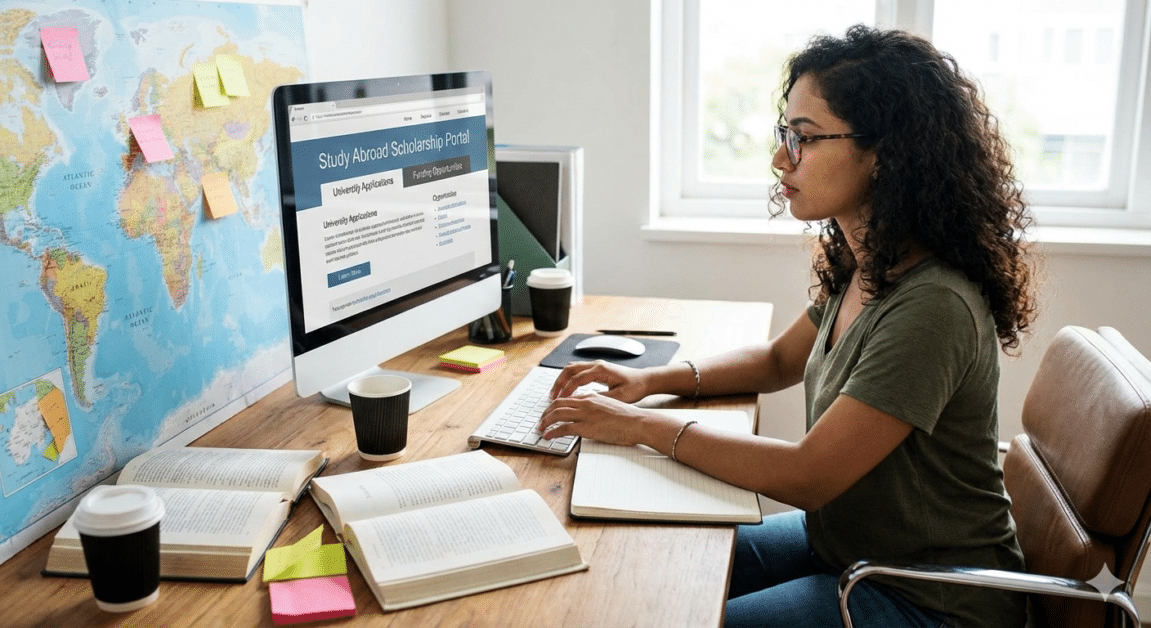 বিদেশে উচ্চশিক্ষার জন্য স্কলারশিপের পূর্ণাঙ্গ গাইডলাইন: 2026 3 বিদেশে উচ্চশিক্ষার আবেদনের জন্য কম্পিউটারে গবেষণা করছেন একজন শিক্ষার্থী।