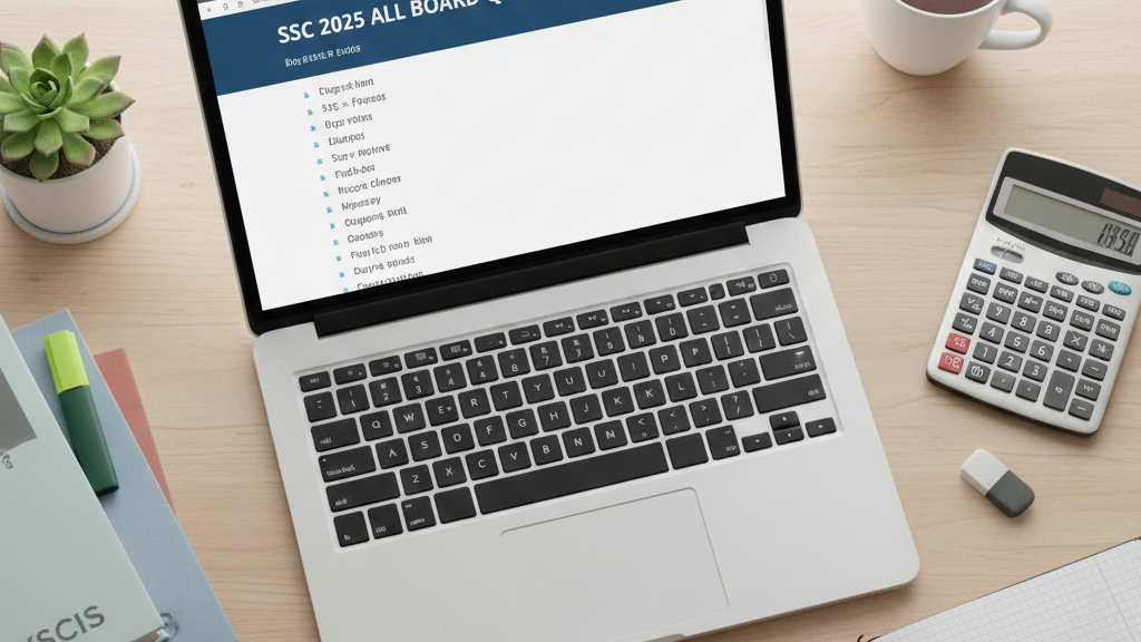Ssc 2025 All Board Question Pdf: সকল বিষয়ের প্রশ্ন ও উত্তর 3 এটি ওপর থেকে তোলা (Flat lay) একটি ছবি। এটি পরীক্ষার্থীদের প্রস্তুতির একটি বাস্তব চিত্র তুলে ধরে, যেখানে ল্যাপটপে প্রশ্ন দেখে খাতায় অনুশীলন করা হচ্ছে।