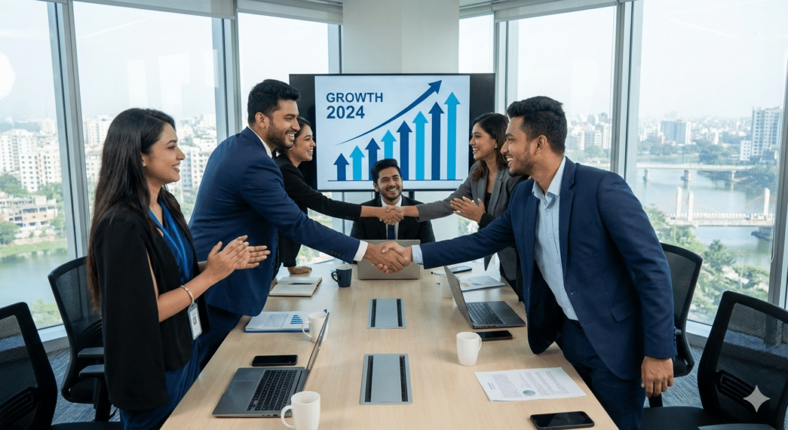 বিসিএস না কি কর্পোরেট ক্যারিয়ার? আপনার জন্য সঠিক পথ বেছে নিন 4 বিসিএস না কি কর্পোরেট ক্যারিয়ার- ঢাকার একটি আধুনিক অফিসে ল্যাপটপ এবং গ্রোথ চার্ট সহ পেশাদারদের একটি গতিশীল কর্পোরেট মিটিং।