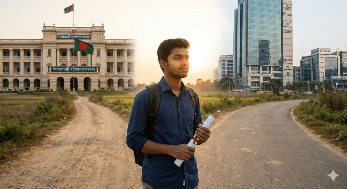 বিসিএস না কি কর্পোরেট ক্যারিয়ার? আপনার জন্য সঠিক পথ বেছে নিন 2 বাংলাদেশে বিসিএস এবং কর্পোরেট ক্যারিয়ারের মধ্যে সিদ্ধান্ত নেওয়ার মুহূর্তে একজন চিন্তাশীল স্নাতক।