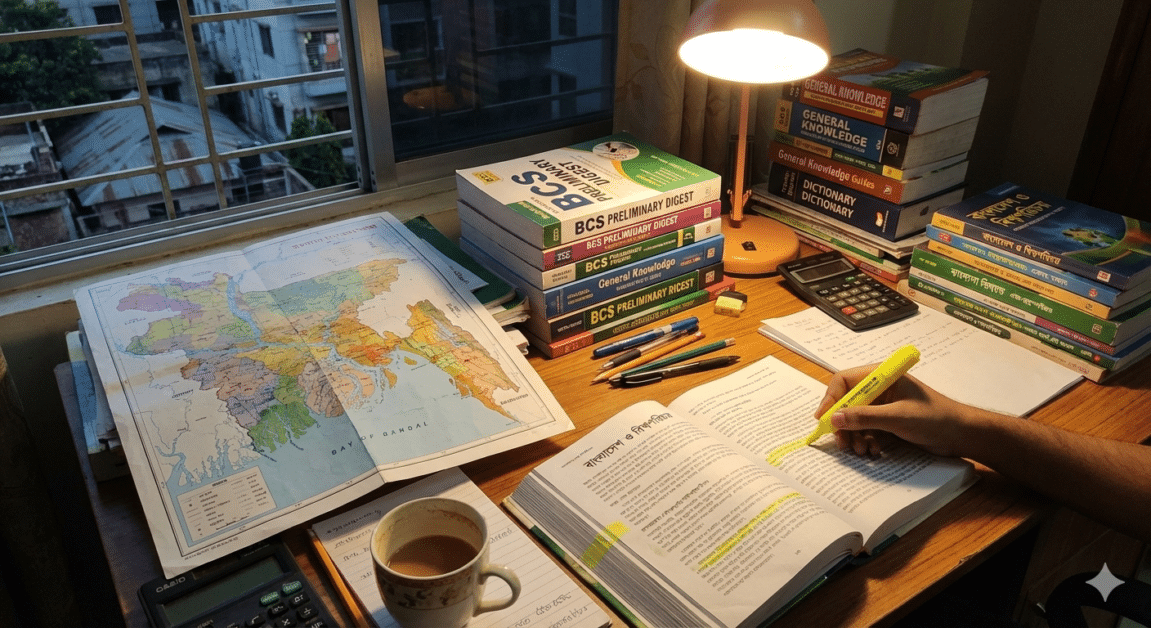 বিসিএস না কি কর্পোরেট ক্যারিয়ার? আপনার জন্য সঠিক পথ বেছে নিন 3 বিসিএস প্রিলিমিনারি এবং লিখিত পরীক্ষার জন্য বই, মানচিত্র এবং নোটসহ একটি পড়ার টেবিল।
