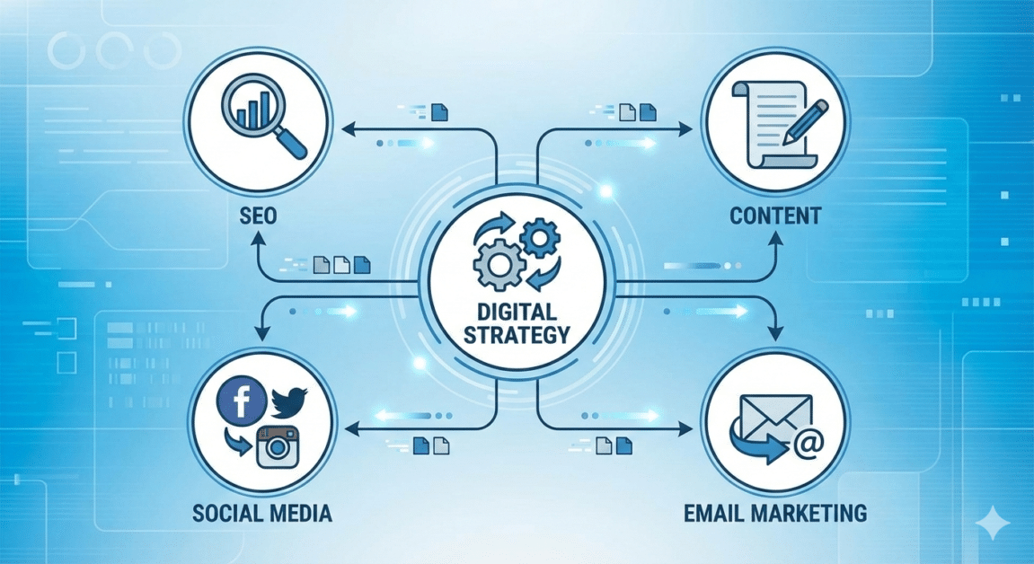 অ্যাফিলিয়েট মার্কেটিং (Affiliate Marketing) এর আদ্যপান্ত (A-Z): 2026 5 A conceptual illustration representing digital strategy, featuring icons for SEO (magnifying glass), Content (a document with text), Social Media (various logos like 'f', bird icon), and Email marketing (an envelope icon), all interconnected.