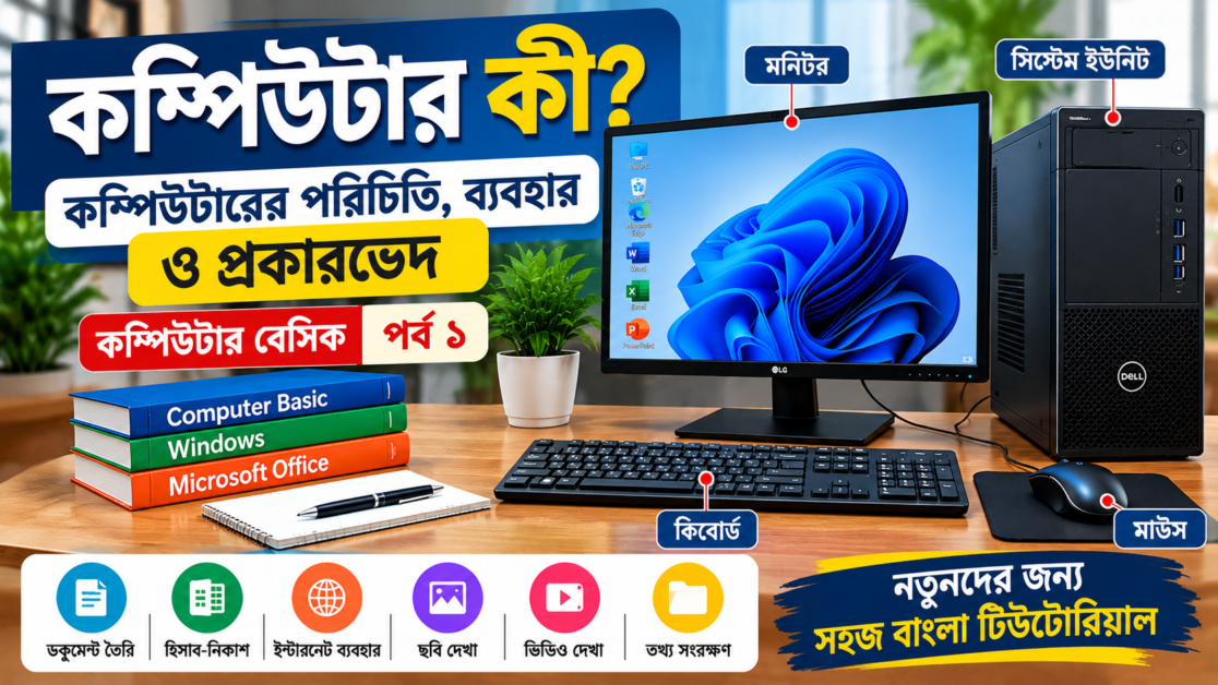 কম্পিউটার কী? কম্পিউটারের পরিচিতি, ব্যবহার ও প্রকারভেদ (পর্ব - ১) 1 কম্পিউটারের পরিচিতি ও কম্পিউটার বেসিক শেখার উপকরণ।