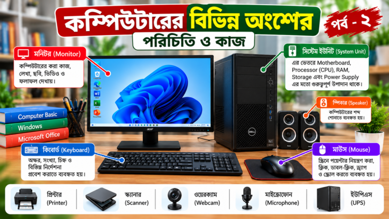 কম্পিউটারের প্রধান অংশ মনিটর, সিস্টেম ইউনিট, কিবোর্ড ও মাউসের পরিচিতি।